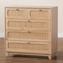 Elsbeth Wood And Natural Rattan 5 Drawer Storage Cabinet Oak Brown/Natural Brown - Baxton Studio -Outlet Baxton Studio Store GUEST 08847334 7a73 4059 a0ab eeafca9d7166