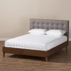 King Alinia Mid Century Retro Modern Fabric Upholstered Walnut Wood Platform Bed - Baxton Studio -Outlet Baxton Studio Store GUEST 08deffea c7e7 4a71 8097 b0e399038c89