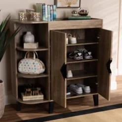 2 Door Wales Oak Wood Shoe Cabinet With Open Shelves Brown/Black - Baxton Studio -Outlet Baxton Studio Store GUEST 0c629d73 d616 4a4f 88b1 9ea6a87d9f01