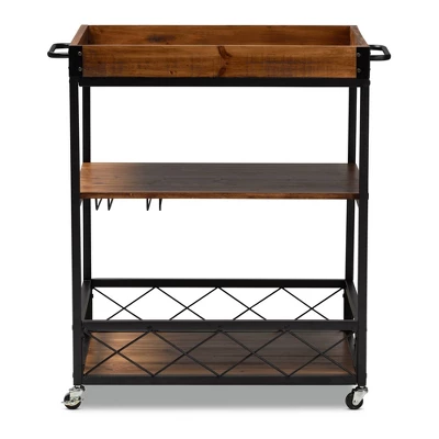 Capri Oak And Finished Mobile Metal Bar Cart With Stemware Rack Brown - Baxton Studio 6 Capri Oak And Finished Mobile Metal Bar Cart With Stemware Rack Brown - Baxton Studio - Image 6