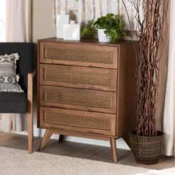 Barrett Wood And Synthetic Rattan 4 Drawer Chest Walnut Brown - Baxton Studio -Outlet Baxton Studio Store GUEST 0eb71e92 b532 4c3c 8c06 f55e3ac80cf8