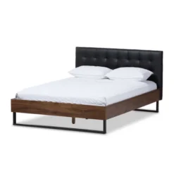 Mitchell Rustic Industrial Walnut Wood Black Faux Leather Metal Platform Bed Dark Bronze - Baxton Studio -Outlet Baxton Studio Store GUEST 105549ee 7d58 46a2 ab7a 74321a297bb9