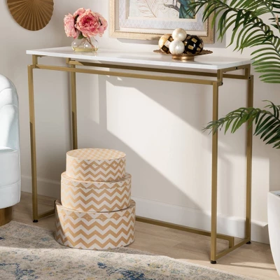 Renzo Metal Console Table With Faux Marble Tabletop White/Gold - Baxton Studio 5 Renzo Metal Console Table With Faux Marble Tabletop White/Gold - Baxton Studio - Image 5