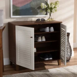 Coolidge 4 Shelf Wood Shoe Cabinet White/Walnut - Baxton Studio -Outlet Baxton Studio Store GUEST 141ff338 3893 42cb 8d2d f906f60621e9