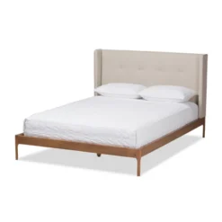 Brooklyn Mid Century Modern Walnut Wood Fabric Upholstered Platform Bed Beige - Baxton Studio -Outlet Baxton Studio Store GUEST 198436f2 3e9d 4335 a979 3eed94635b5f