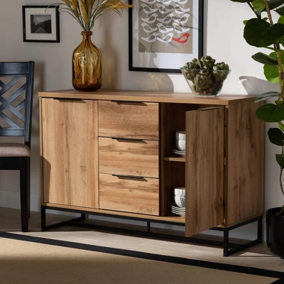 Reid Wood & Metal 3 Drawer Sideboard Buffet Oak/Black - Baxton Studio 7 Reid Wood & Metal 3 Drawer Sideboard Buffet Oak/Black - Baxton Studio - Image 7