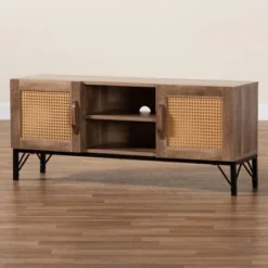 Veanna Bohemian Natural Wood And Metal 2 Door Synthetic Rattan TV Stand For TVs Up To 40" Brown/Black - Baxton Studio -Outlet Baxton Studio Store GUEST 2c3170d0 5ea6 46ac baa5 a54ed0060d52