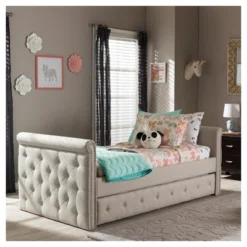 Twin Swanson Modern And Contemporary Fabric Tufted Daybed With Roll-Out Trundle Guest Bed - Baxton Studio -Outlet Baxton Studio Store GUEST 2e28e254 e987 4a12 9f27 e068e788717c