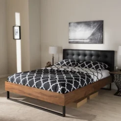 Mitchell Rustic Industrial Walnut Wood Black Faux Leather Metal Platform Bed Dark Bronze - Baxton Studio -Outlet Baxton Studio Store GUEST 3ab4a342 fcd2 45c4 8e4e 3d65485cea0b