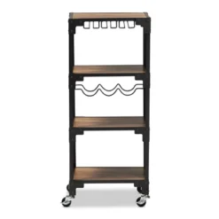4 Tier Victor Wood And Metal Mobile Wine Cart Walnut/Black - Baxton Studio
