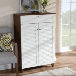 Coolidge 5 Shelf Wood Shoe Cabinet With Drawer White/Walnut - Baxton Studio -Outlet Baxton Studio Store GUEST 3e34a19d 2580 44f5 8852 fe0bba150d6b