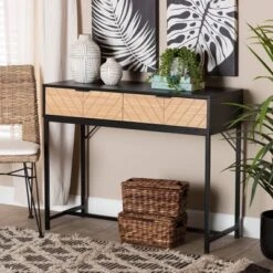 Jacinth Two-Tone Wood And Metal 2 Drawer Console Table Black/Natural Brown - Baxton Studio -Outlet Baxton Studio Store GUEST 3ed29a1d 7aa8 4aca b581 a460cd13a290