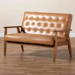 Sorrento Mid-Century Faux Leather Upholstered Wood Loveseat Walnut/Brown - Baxton Studio -Outlet Baxton Studio Store GUEST 3f8e4bfa 8730 43d8 9ae8 fe173b7f42d9