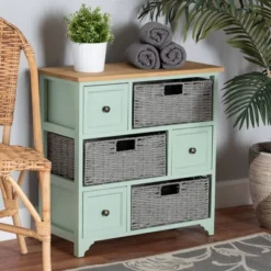 Valtina Two-Tone Wood 3 Drawer Storage Unit With Baskets Oak Brown/Gray/Mint Green - Baxton Studio -Outlet Baxton Studio Store GUEST 407c217c fdd8 435a 811c c18edf4365b7