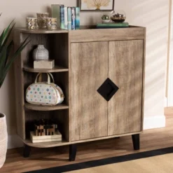 2 Door Wales Oak Wood Shoe Cabinet With Open Shelves Brown/Black - Baxton Studio -Outlet Baxton Studio Store GUEST 432761d8 c3b1 473f b063 7fe5b495f9a7