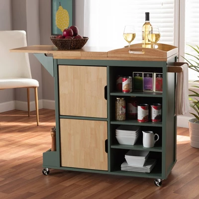 Dorthy Two-Tone Wood Kitchen Cart Green/Natural - Baxton Studio 12 Dorthy Two-Tone Wood Kitchen Cart Green/Natural - Baxton Studio - Image 12