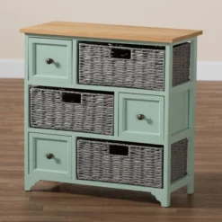 Valtina Two-Tone Wood 3 Drawer Storage Unit With Baskets Oak Brown/Gray/Mint Green - Baxton Studio -Outlet Baxton Studio Store GUEST 46ba713b fbe3 4c8a 8322 e00d300f569e