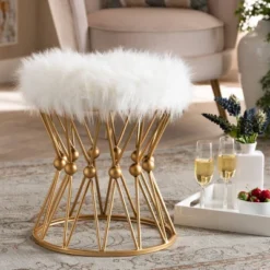 Leonie Faux Fur Upholstered Metal Ottoman White/Gold - Baxton Studio -Outlet Baxton Studio Store GUEST 523d703a ccb2 46fc be4a 6bae15960523