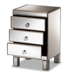 Ewan Mirrored 3 Drawer Nightstand Silver - Baxton Studio