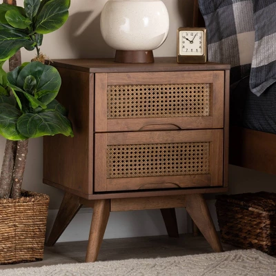 Barrett Wood And Synthetic Rattan 2 Drawer Nightstand Walnut Brown - Baxton Studio 7 Barrett Wood And Synthetic Rattan 2 Drawer Nightstand Walnut Brown - Baxton Studio - Image 7
