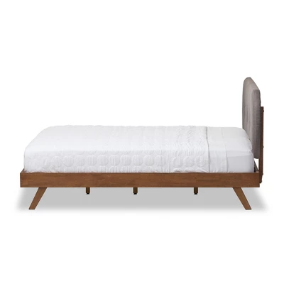 Penelope Mid-Century Modern Solid Wood And Fabric Upholstered Platform Bed Gray/Walnut Brown - Baxton Studio 3 Penelope Mid-Century Modern Solid Wood And Fabric Upholstered Platform Bed Gray/Walnut Brown - Baxton Studio - Image 3