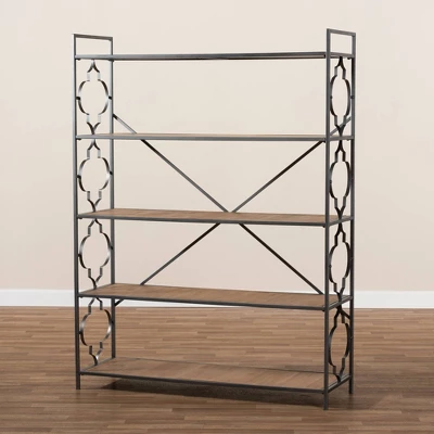 65" 5 Shelf Mirna Iron & Natural Oak Wood Quatrefoil Accent Bookshelf Brown/Black - Baxton Studio 2 65" 5 Shelf Mirna Iron & Natural Oak Wood Quatrefoil Accent Bookshelf Brown/Black - Baxton Studio - Image 2