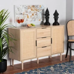 Harrison Wood And Rattan 3 Drawer Sideboard Dining Cabinet Natural Brown/Black - Baxton Studio -Outlet Baxton Studio Store GUEST 5c409941 d1c4 4141 93b6 c1d21e550808