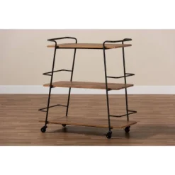 3 Tier Bernard Industrial Metal And Wood Mobile Wine Bar Cart Black/Walnut - Baxton Studio -Outlet Baxton Studio Store GUEST 61b9a6bd f52f 4fd1 a73a 4cc0bb493645