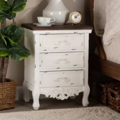 Levron And Antique Wood 3 Drawer Nightstand Walnut Brown/Antique White - Baxton Studio -Outlet Baxton Studio Store GUEST 653220e9 3877 494f 9cfe 9ff5c0259f57