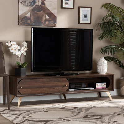 Dena Wood And Gold TV Stand For TVs Up To 60" Walnut - Baxton Studio 7 Dena Wood And Gold TV Stand For TVs Up To 60" Walnut - Baxton Studio - Image 7