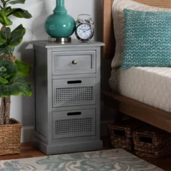 Sheldon Vintage Wood And Synthetic Rattan 3 Drawer Nightstand Gray - Baxton Studio -Outlet Baxton Studio Store GUEST 6b9b9b34 70ba 42a0 89d7 8860b8b09404