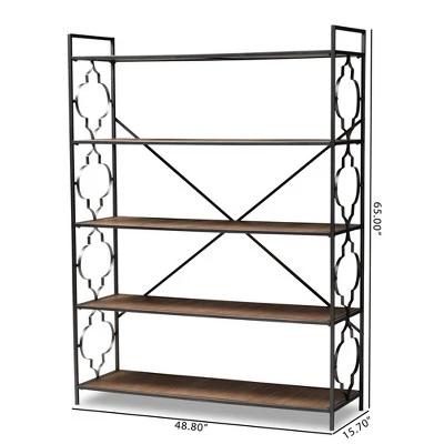 65" 5 Shelf Mirna Iron & Natural Oak Wood Quatrefoil Accent Bookshelf Brown/Black - Baxton Studio 3 65" 5 Shelf Mirna Iron & Natural Oak Wood Quatrefoil Accent Bookshelf Brown/Black - Baxton Studio - Image 3