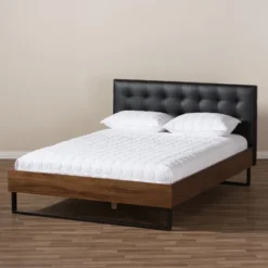 Mitchell Rustic Industrial Walnut Wood Black Faux Leather Metal Platform Bed Dark Bronze - Baxton Studio -Outlet Baxton Studio Store GUEST 6d0302c4 3458 465e a304 09b5494a746f
