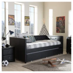 Frank Modern And Contemporary Faux Leather Button - Tufting Sofa Daybed With Roll - Out Trundle Guest Bed - Twin - Baxton Studio -Outlet Baxton Studio Store GUEST 6df4c6d6 a1fe 40b4 8ddb 946fa6eb85f6