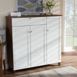 Coolidge 11 Shelf Wood Shoe Cabinet With Drawer White/Walnut - Baxton Studio -Outlet Baxton Studio Store GUEST 6f039638 3de8 4d3f aabf da9c80774035