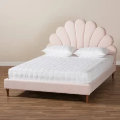Queen Odille Velvet Seashell Shaped Platform Bed Light Pink/Walnut - Baxton Studio -Outlet Baxton Studio Store GUEST 6fadb659 0c21 4e77 b6fe 8a8c70a80a78