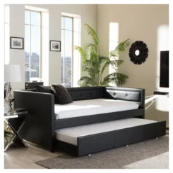 Frank Modern And Contemporary Faux Leather Button - Tufting Sofa Daybed With Roll - Out Trundle Guest Bed - Twin - Baxton Studio -Outlet Baxton Studio Store GUEST 71af4483 99f4 448d b110 47d6d14bc008