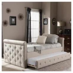 Twin Swanson Modern And Contemporary Fabric Tufted Daybed With Roll-Out Trundle Guest Bed - Baxton Studio -Outlet Baxton Studio Store GUEST 73ea050e 1e52 47c4 88bc 62a5a2ba10d6