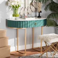 1 Drawer Beale Velvet Upholstered And Brushed Console Table Green/Gold - Baxton Studio -Outlet Baxton Studio Store GUEST 760cec46 ca09 49d3 812b ee5335396259