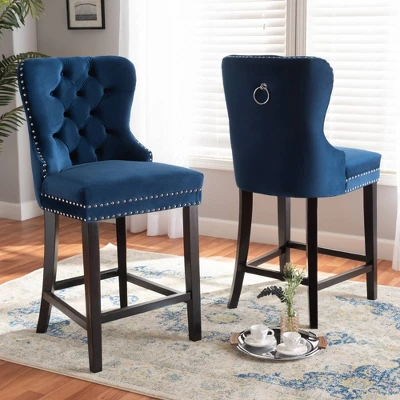 2pc Howell Modern Velvet Upholstered Wood Counter Height Barstool Set - Baxton Studio 6 2pc Howell Modern Velvet Upholstered Wood Counter Height Barstool Set - Baxton Studio - Image 6