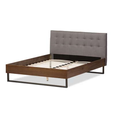 Mitchell Rustic Industrial Walnut Wood And Fabric Metal Platform Bed - Baxton Studio 2 Mitchell Rustic Industrial Walnut Wood And Fabric Metal Platform Bed - Baxton Studio - Image 2