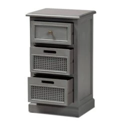 Sheldon Vintage Wood And Synthetic Rattan 3 Drawer Nightstand Gray - Baxton Studio