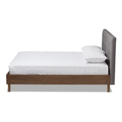 King Alinia Mid Century Retro Modern Fabric Upholstered Walnut Wood Platform Bed - Baxton Studio