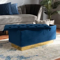 Powell Velvet Fabric Upholstered And PU Leather Ottoman Gold/Blue - Baxton Studio -Outlet Baxton Studio Store GUEST 80611a78 4c6d 4dda 94ba d7c5df476e94