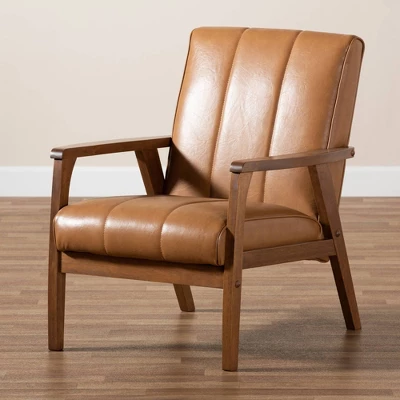 Nikko Mid-Century Faux Leather Upholstered Wood Lounge Chair Walnut/Brown - Baxton Studio 7 Nikko Mid-Century Faux Leather Upholstered Wood Lounge Chair Walnut/Brown - Baxton Studio - Image 7