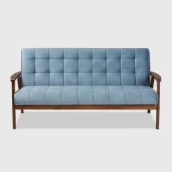 Asta Velvet Upholstered Wood Sofa Light Blue/Walnut - Baxton Studio