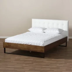 King Mitchell Rustic Industrial Walnut Wood And Faux Leather Metal Platform Bed White - Baxton Studio -Outlet Baxton Studio Store GUEST 8d2d1efe 6e18 46e2 8781 aea935a242f1