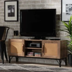 Veanna Bohemian Natural Wood And Metal 2 Door Synthetic Rattan TV Stand For TVs Up To 40" Brown/Black - Baxton Studio -Outlet Baxton Studio Store GUEST 8e937aa0 16c1 4579 a009 a215ecc729ba