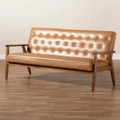 Sorrento Mid-Century Faux Leather Upholstered Wood Sofa Walnut/Brown - Baxton Studio -Outlet Baxton Studio Store GUEST 90733ea7 319f 449b 90ea 29bdd3b2ae5b