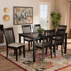 7pc Minette Fabric Upholstered Espresso Wood Dining Set Sand/Dark Brown - Baxton Studio -Outlet Baxton Studio Store GUEST 90893402 9b79 4475 b182 a882b3b1ea18